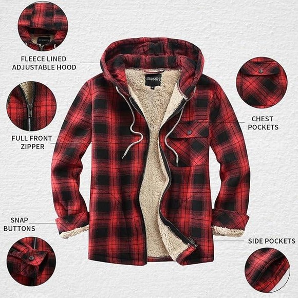 Elesuit Men's‎ Red Black Plaid Fleece Lined Hooded Flannel Jacket 2XL - Picture 10 of 12